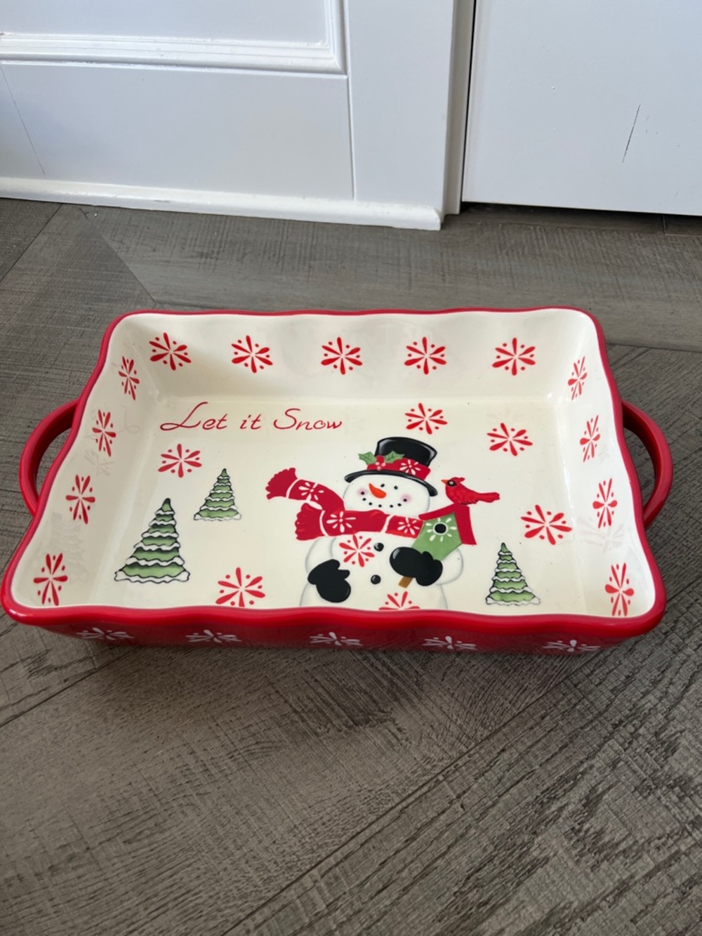 Holiday Snowman Ceramic baking dish - Red & White